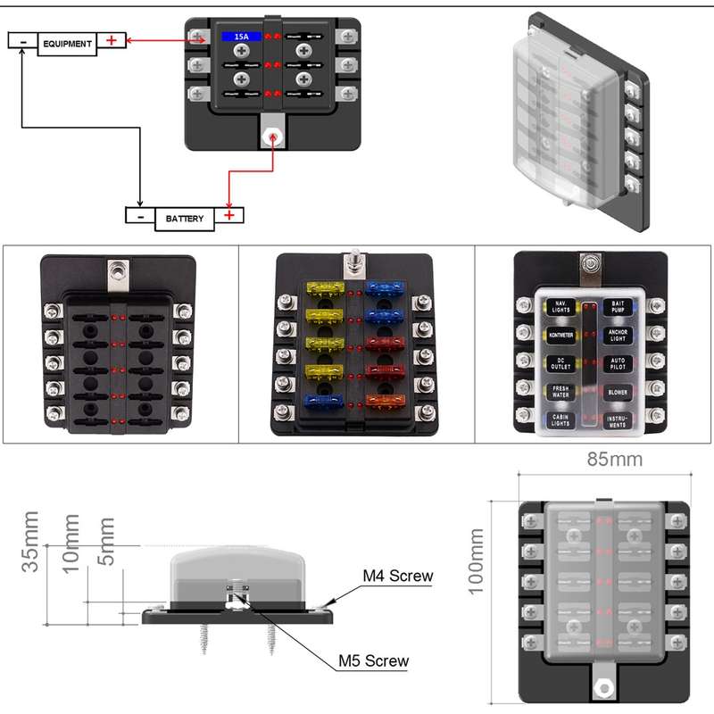 1 in 10 Out Fuse Box Screw Terminal Section Fuse Holder Kits with LED Warning Indicator for Auto Car