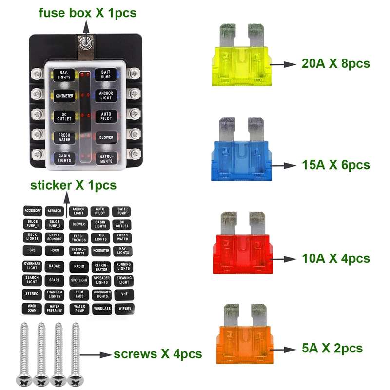 1 in 10 Out Fuse Box Screw Terminal Section Fuse Holder Kits with LED Warning Indicator for Auto Car