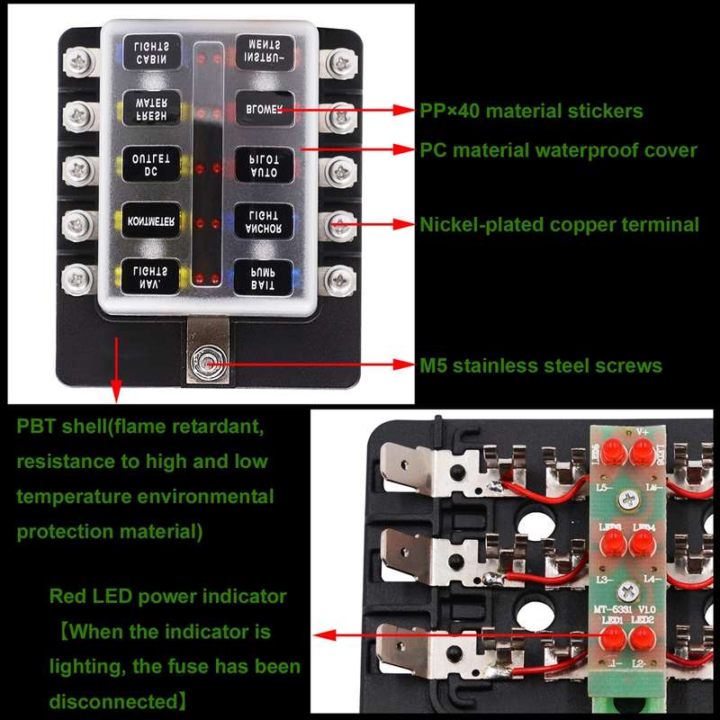 1 in 10 Out Fuse Box Screw Terminal Section Fuse Holder Kits with LED Warning Indicator for Auto Car