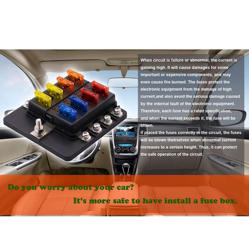 1 in 8 Out Fuse Box PC Terminal Block Fuse Holder Kits with LED Warning Indicator for Auto Car Truck