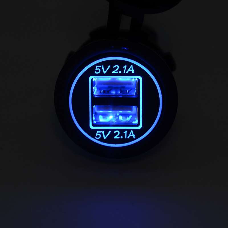 Universal Car Charger 2 Port Power Socket Power Dual USB Charger 5V 4.2A IP66 with Aperture(Blue Lig