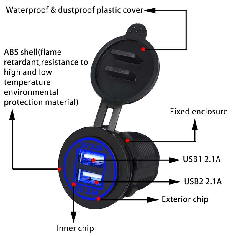 Universal Car Charger 2 Port Power Socket Power Dual USB Charger 5V 4.2A IP66 with Aperture(Blue Lig