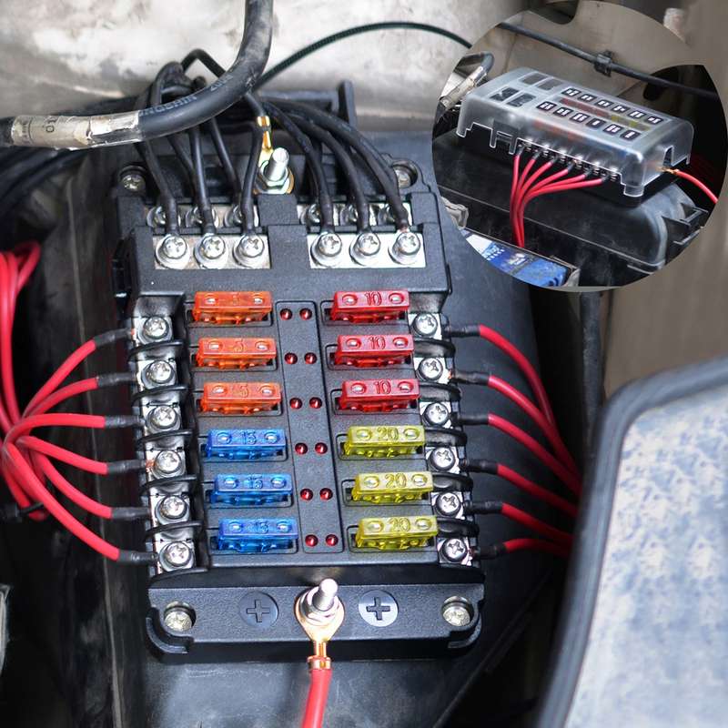 Independent Positive and Negative 1 in 12 Out 12 Way Circuit Blade Fuse Box Fuse Holder Kits with LE