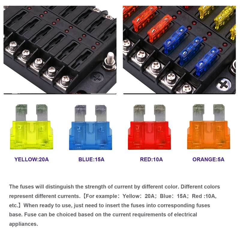 Independent Positive and Negative 1 in 12 Out 12 Way Circuit Blade Fuse Box Fuse Holder Kits with LE