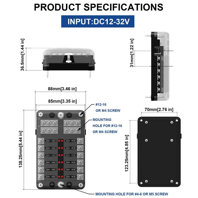 Independent Positive and Negative 1 in 12 Out 12 Way Circuit Blade Fuse Box Fuse Holder Kits with LE