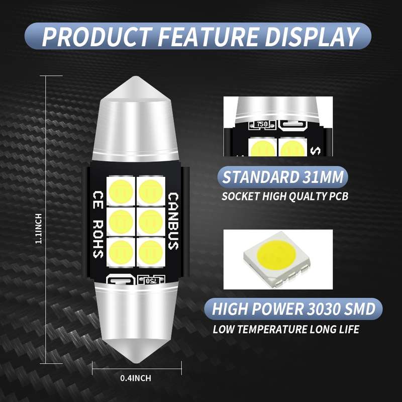 2 PCS 31mm DC12V-24V 3W 6000K 660LM 6LEDs SMD-3030 Car Reading Lamp / License Plate Light