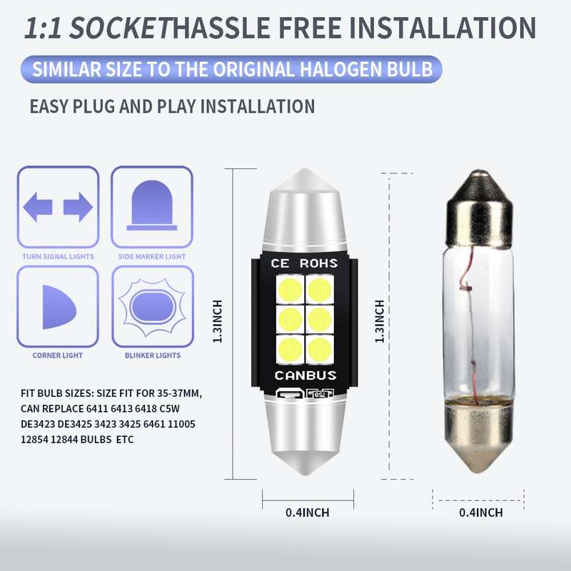2 PCS 36mm DC12V-24V 3W 6000K 660LM 6LEDs SMD-3030 Car Reading Lamp / License Plate Light