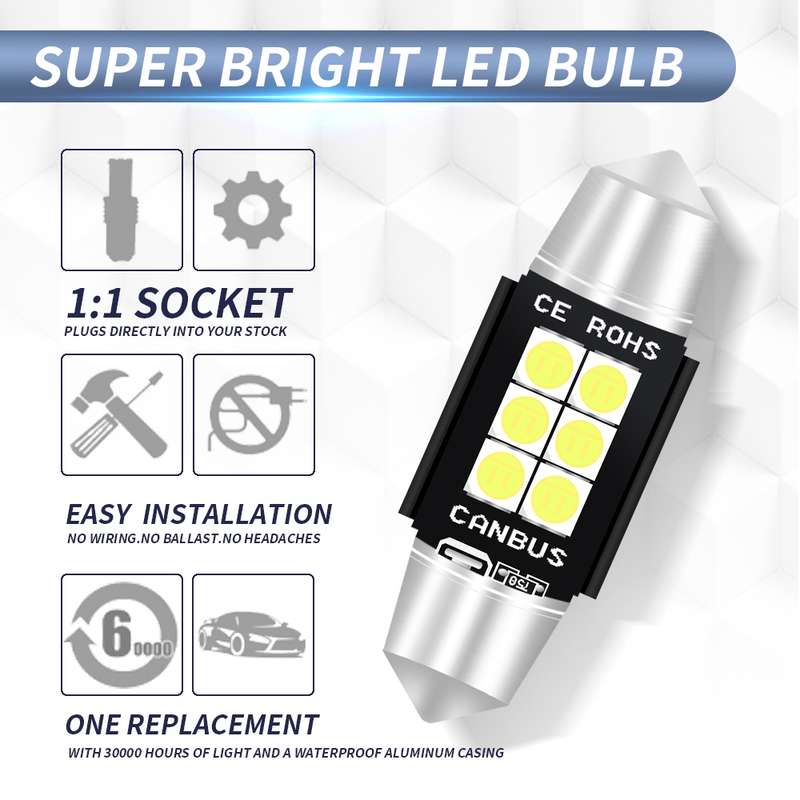 2 PCS 36mm DC12V-24V 3W 6000K 660LM 6LEDs SMD-3030 Car Reading Lamp / License Plate Light