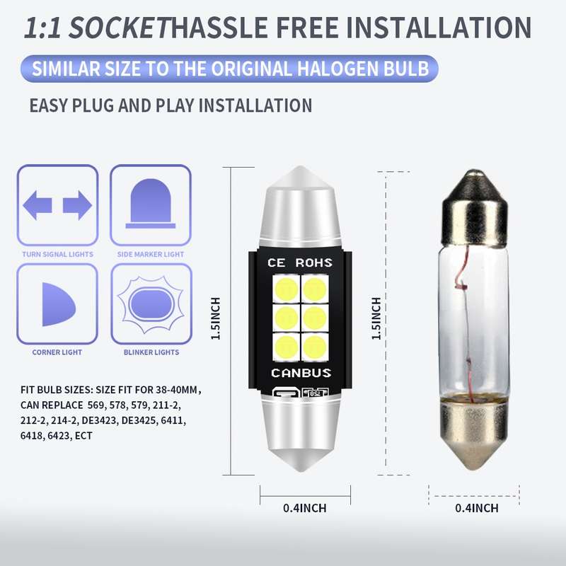 2 PCS 39mm DC12V-24V 3W 6000K 660LM 6LEDs SMD-3030 Car Reading Lamp / License Plate Light