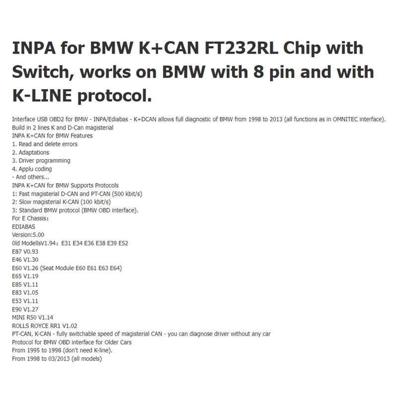 INPA K+CAN with Switch USB Interface Cable for BMW(White