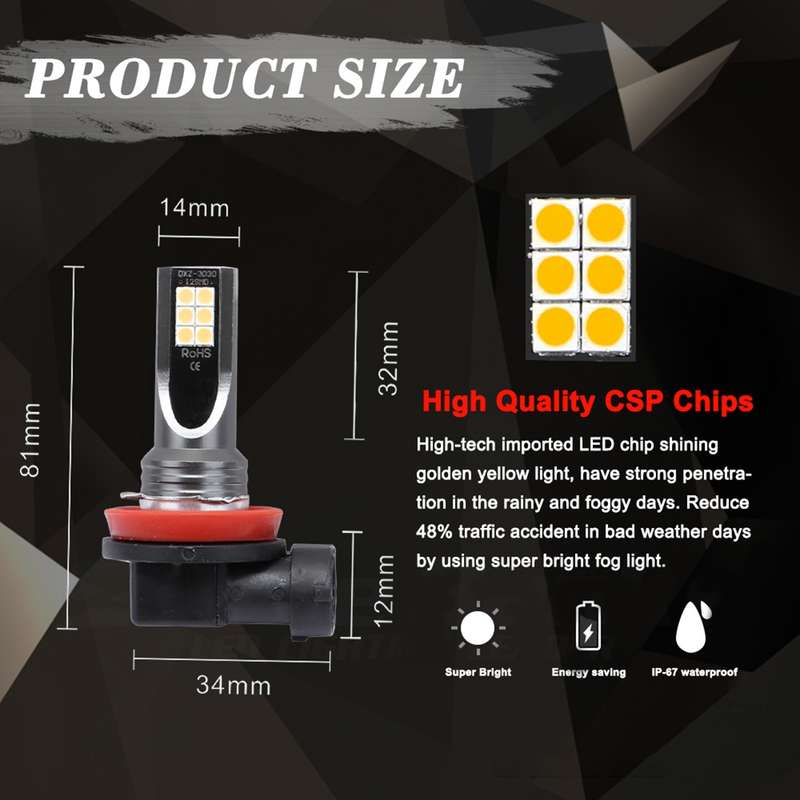 2 PCS H11 / H8 DC12V-24V / 12W / 3000K / 800LM 12LEDs SMD-3030 Car LED Fog Light (Yellow Light)