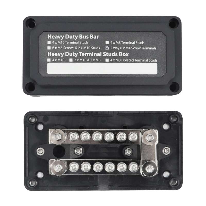 Max DC 48V 100A Heavy-Duty Module Design Bus Bar 4 M6 / 12 M4 Terminal Studs Box Busbar for Car / RV