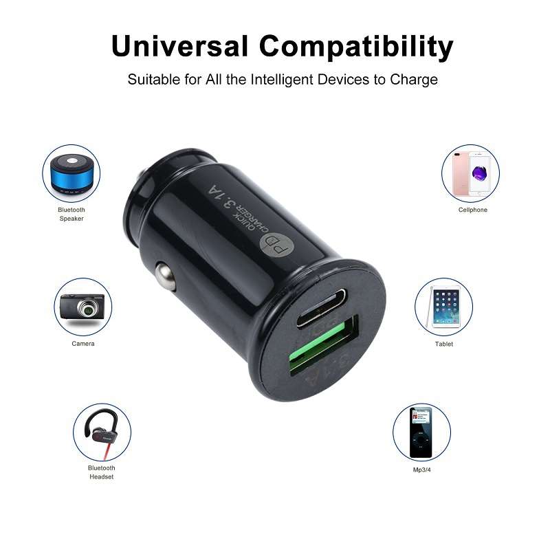 TE-339PD 3.1A PD USB-C / Type-C + USB Interface Mini Fast Charging Car Charger(Black)