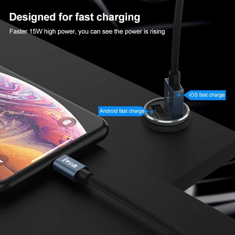 IVON CC37 15W 3.1A Dual USB Mini Car Charger + 1m USB to 8 Pin Fast Charge Data Cable Set