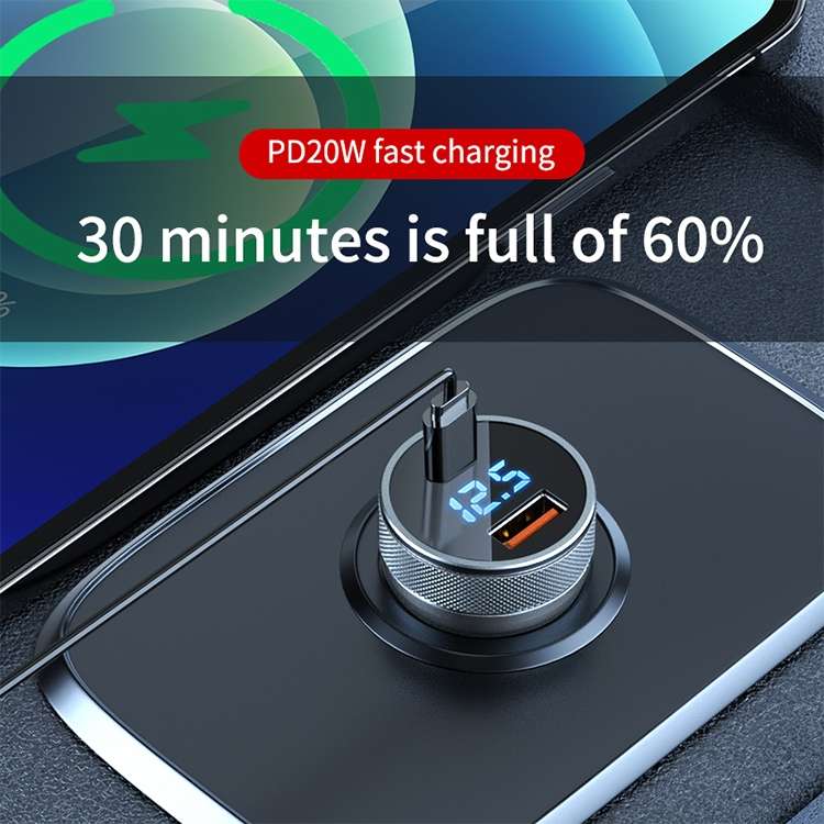 ACC-568 PD 20W USB-C / Type-C + USB Digital Display Fast Charge Car Charger (Black)