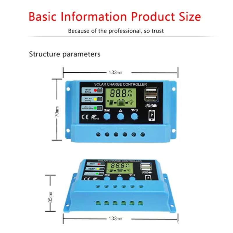 30A Solar Charge Controller 12V / 24V Lithium Lead-Acid Battery Charge Discharge PV Controller, with
