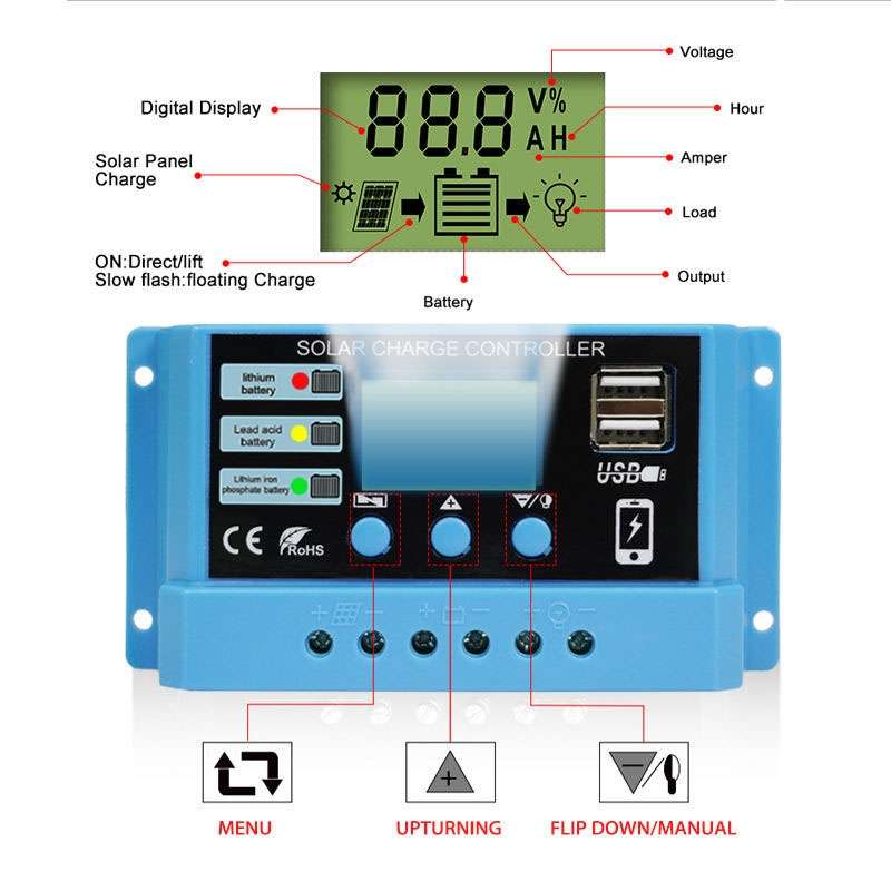 30A Solar Charge Controller 12V / 24V Lithium Lead-Acid Battery Charge Discharge PV Controller, with