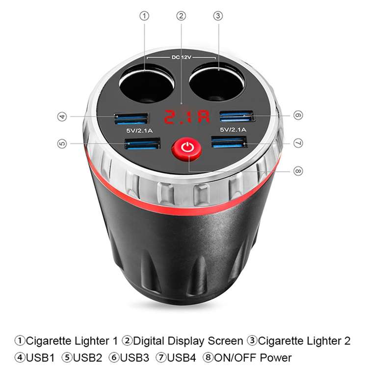 Cup Holder Car Charger Dual Cigarette Lighter 4USB Ports Charger Car MP3 Player (Blue)