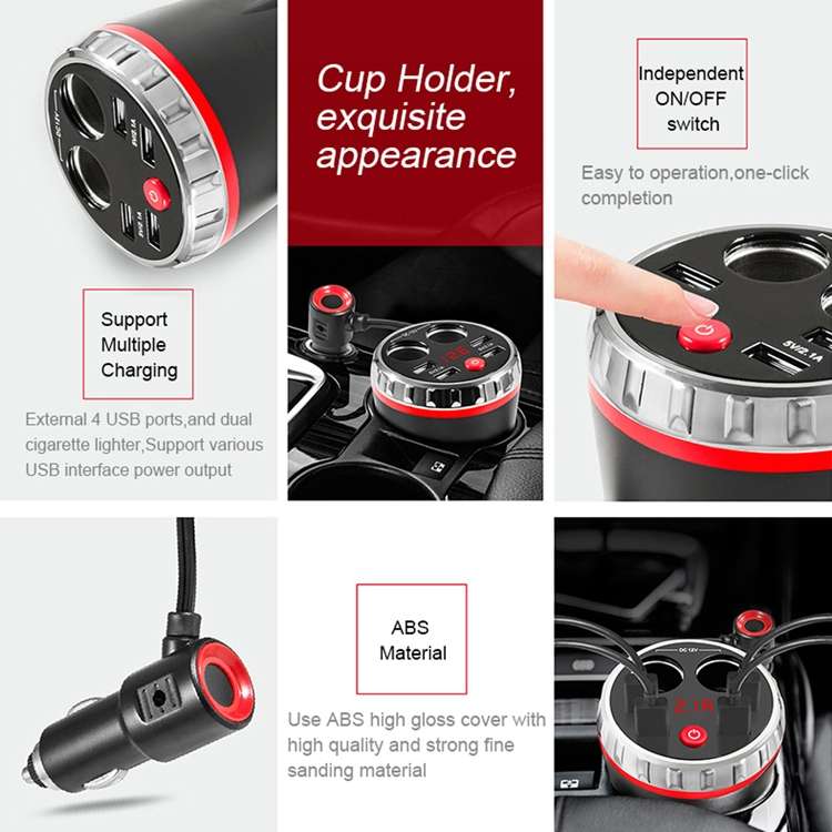 Cup Holder Car Charger Dual Cigarette Lighter 4USB Ports Charger Car MP3 Player (Blue)