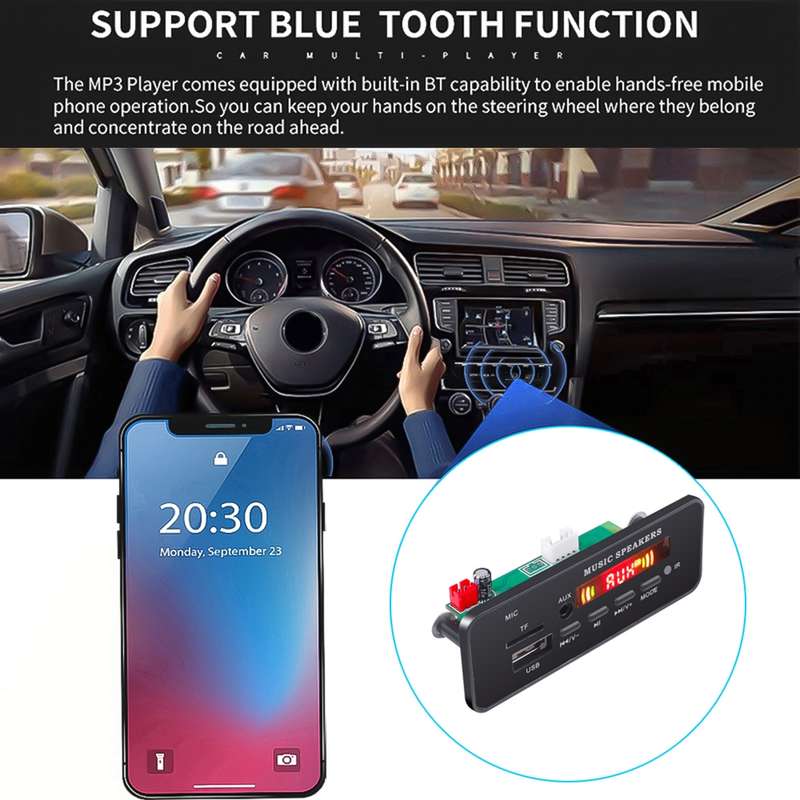 Car 12V 2x3W Audio MP3 Player Decoder Board FM Radio TF USB 3.5mm AUX, with Bluetooth & Recording Ca