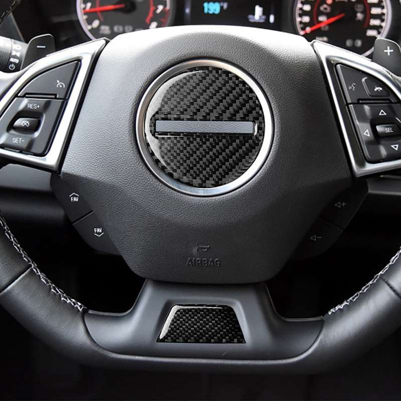 2 in 1 Car Carbon Fiber Steering Wheel Button Decorative Sticker for Chevrolet Camaro 2017-2019, Lef
