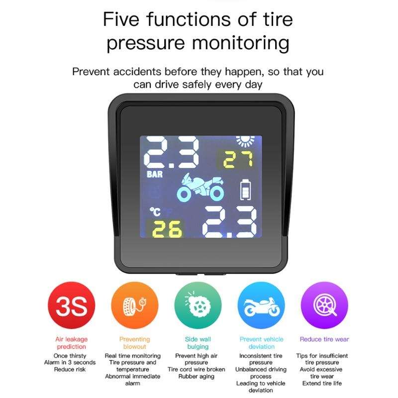 Universal Motorcycle Wireless High Precision Solar Energy TPMS Tire Pressure Alarm System External T