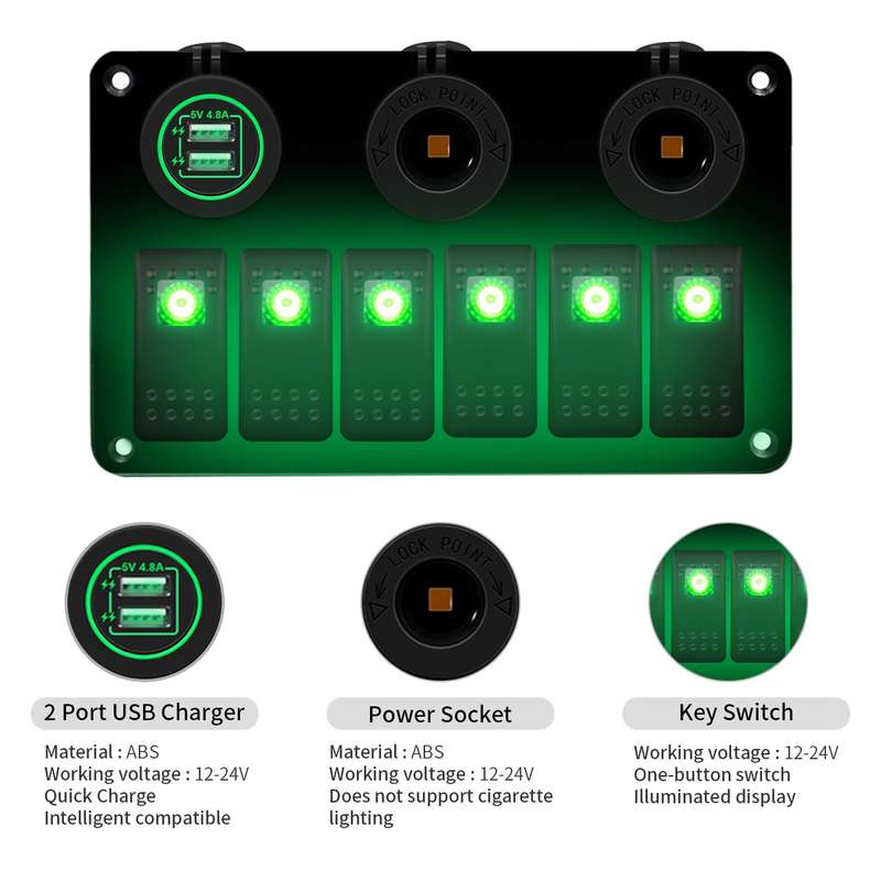 Multi-functional Combination Switch Panel 12V / 24V 6 Way Switches + Dual USB Charger for Car RV Mar