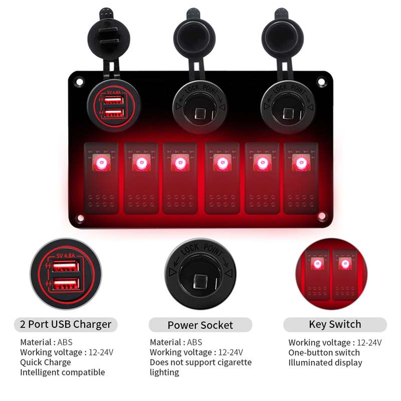 Multi-functional Combination Switch Panel 12V / 24V 6 Way Switches + Dual USB Charger for Car RV Mar