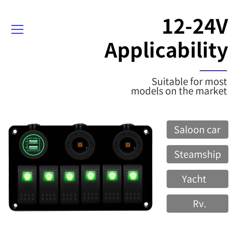 Multi-functional Combination Switch Panel 12V / 24V 6 Way Switches + Dual USB Charger for Car RV Mar