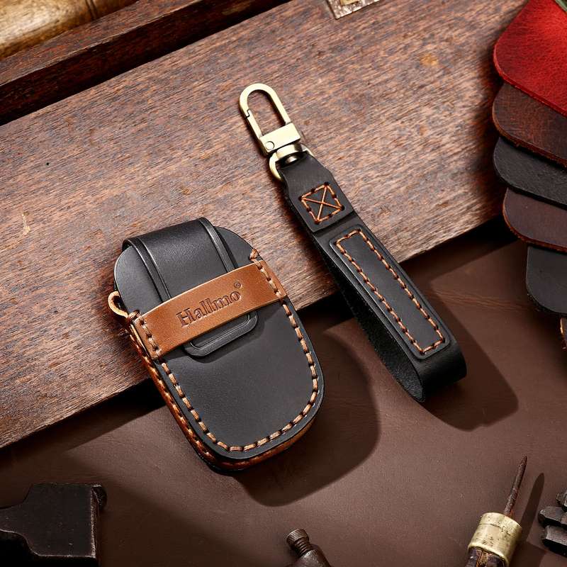 Hallmo Car Cowhide Leather Key Protective Cover Key Case for Hyundai IX35 B Style(Black)