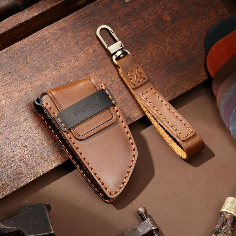 Hallmo Car Cowhide Leather Key Protective Cover Key Case for BMW Blade Style(Brown)