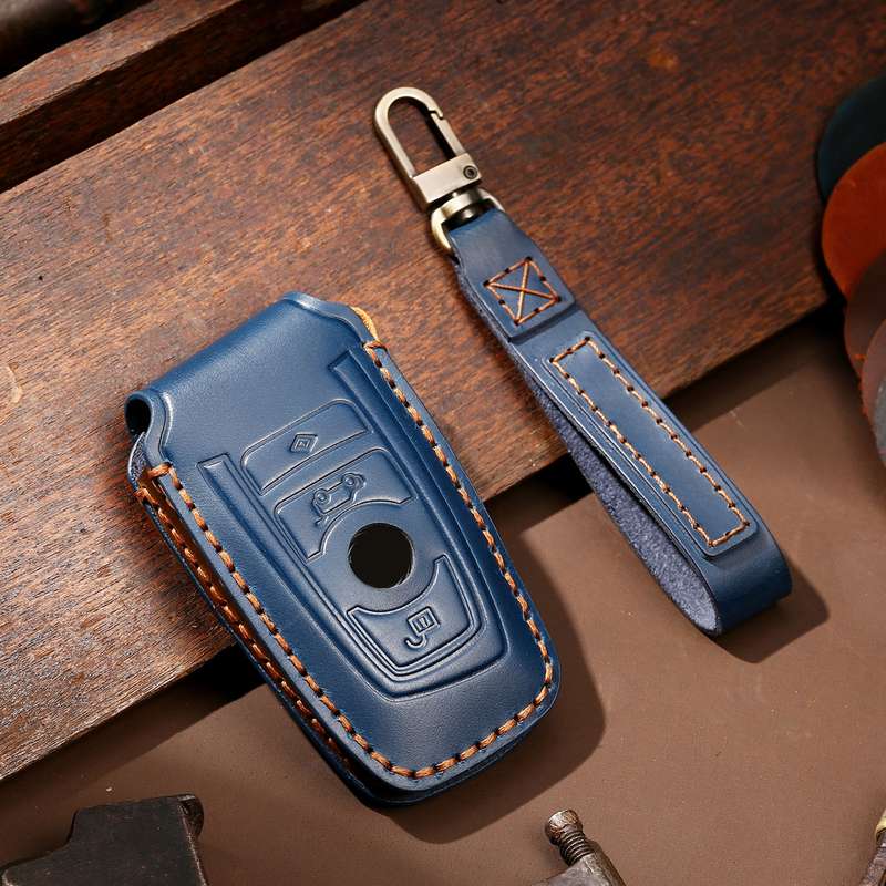 Hallmo Car Cowhide Leather Key Protective Cover Key Case for Old BMW(Blue)