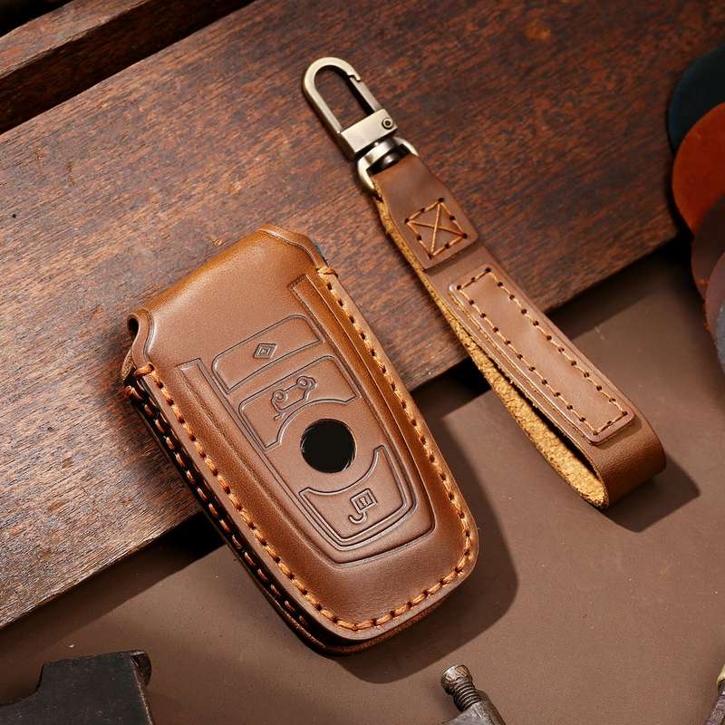 Hallmo Car Cowhide Leather Key Protective Cover Key Case for Old BMW(Blue)