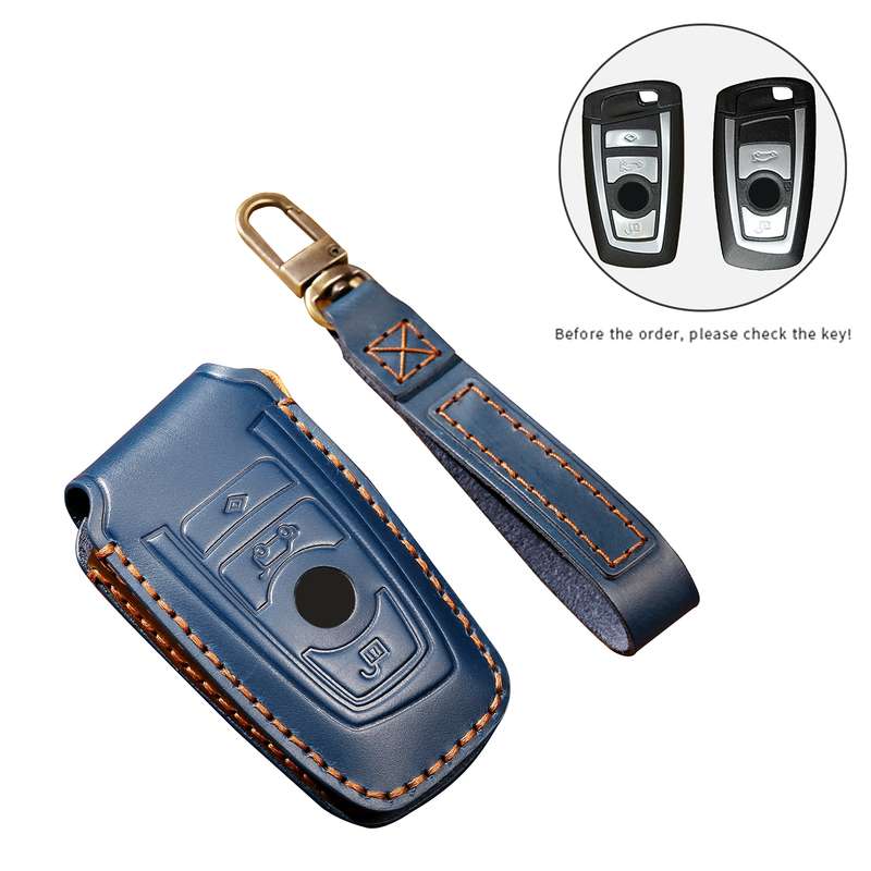 Hallmo Car Cowhide Leather Key Protective Cover Key Case for Old BMW(Blue)