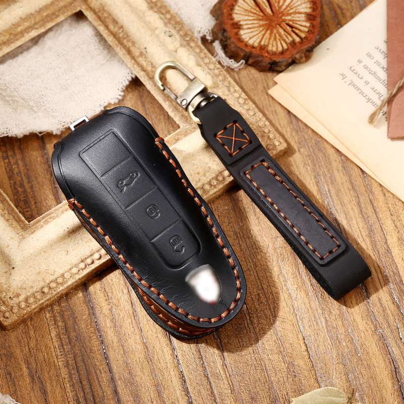Hallmo Car Cowhide Leather Key Protective Cover Key Case for Porsche Macan 718 2021 A Style(Black)