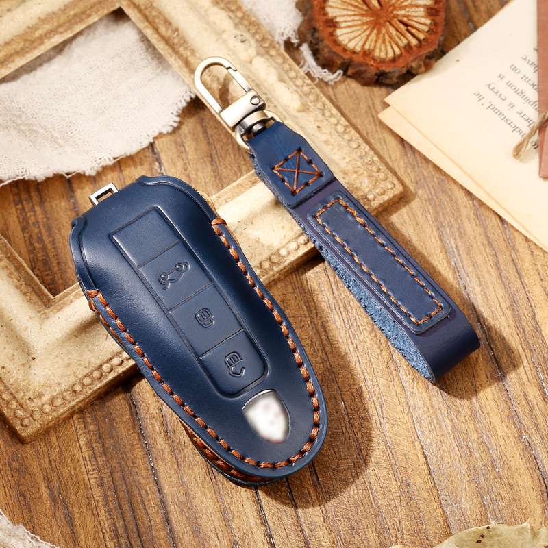 Hallmo Car Cowhide Leather Key Protective Cover Key Case for Porsche Macan 718 2021 A Style(Black)