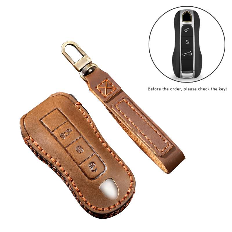 Hallmo Car Cowhide Leather Key Protective Cover Key Case for Porsche Macan 718 2021 B Style(Black)