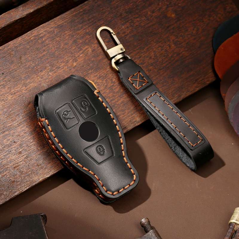 Hallmo Car Cowhide Leather Key Protective Cover Key Case for Old Mercedes-Benz E300L(Black)