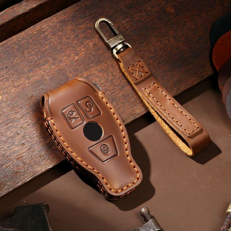 Hallmo Car Cowhide Leather Key Protective Cover Key Case for Old Mercedes-Benz E300L(Black)