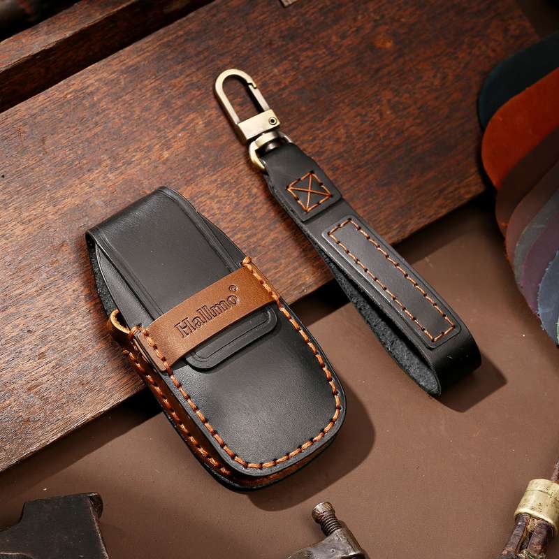 Hallmo Car Cowhide Leather Key Protective Cover Key Case for New Mercedes-Benz E300L(Black)
