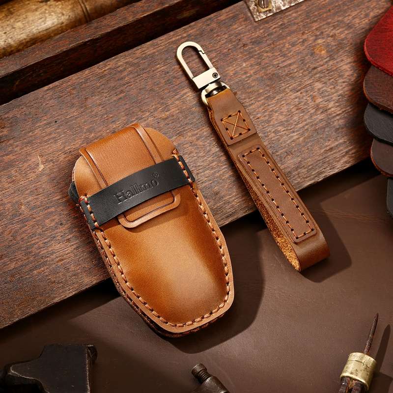 Hallmo Car Cowhide Leather Key Protective Cover Key Case for BYD(Black)