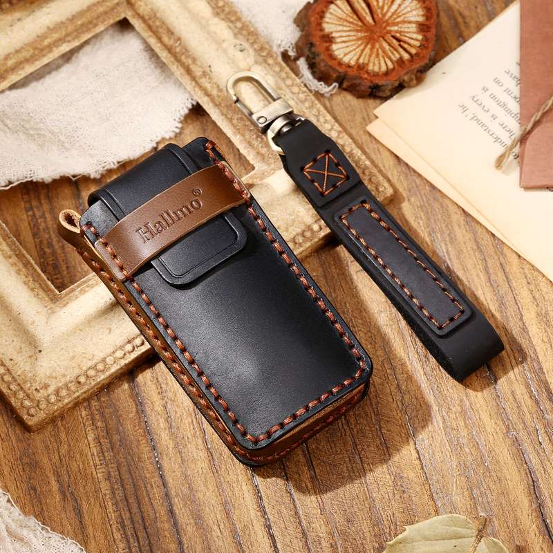 Hallmo Car Cowhide Leather Key Protective Cover Key Case for Trumpchi GS4 2021 C Style(Black)