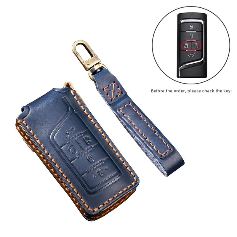 Hallmo Car Cowhide Leather Key Protective Cover Key Case for Trumpchi GS4 2021 C Style(Black)