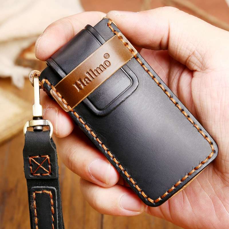 Hallmo Car Cowhide Leather Key Protective Cover Key Case for Trumpchi GS4 2021 C Style(Black)