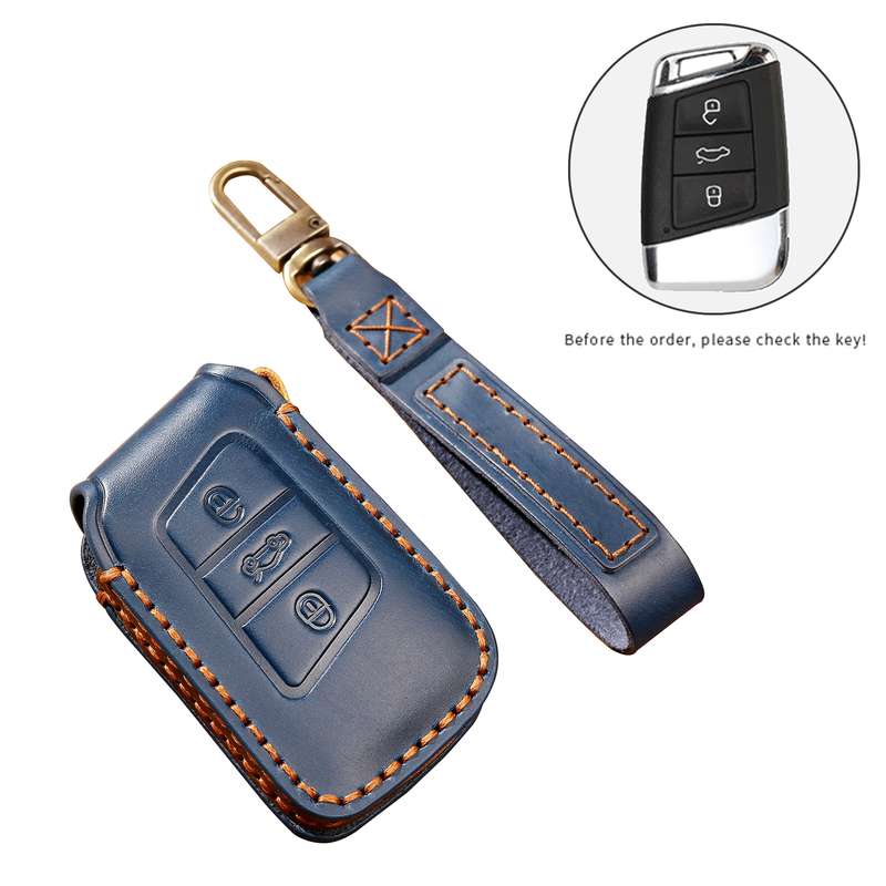 Hallmo Car Cowhide Leather Key Protective Cover Key Case for Volkswagen Lavida A Style(Black)