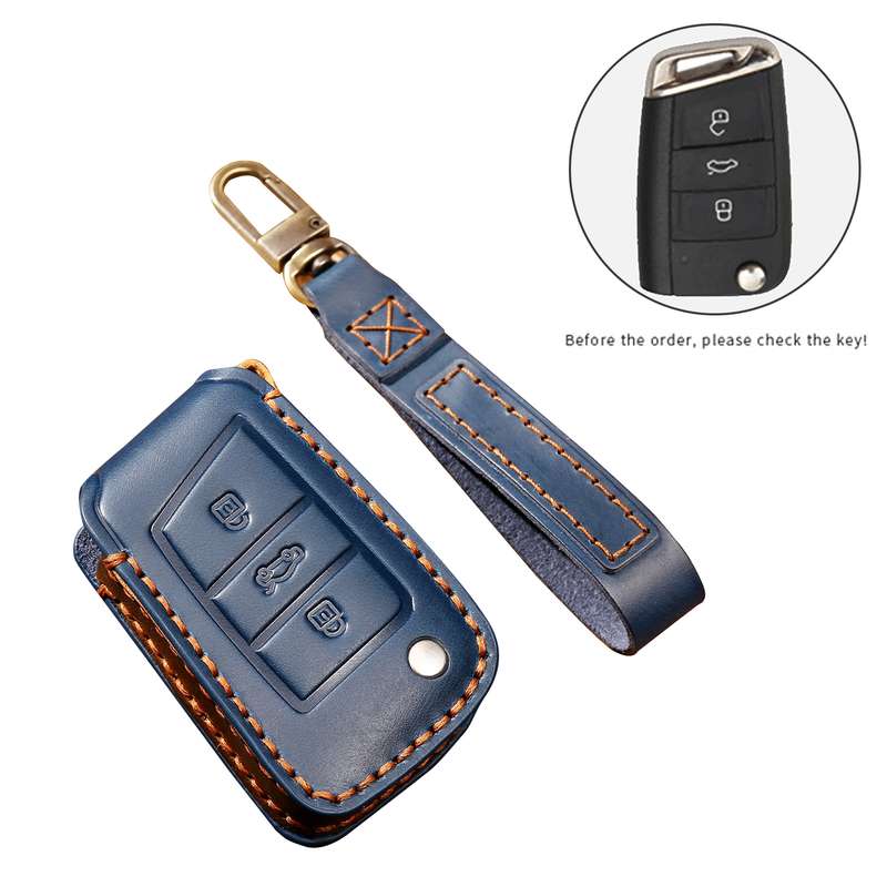 Hallmo Car Cowhide Leather Key Protective Cover Key Case for Volkswagen Lavida B Style(Black)