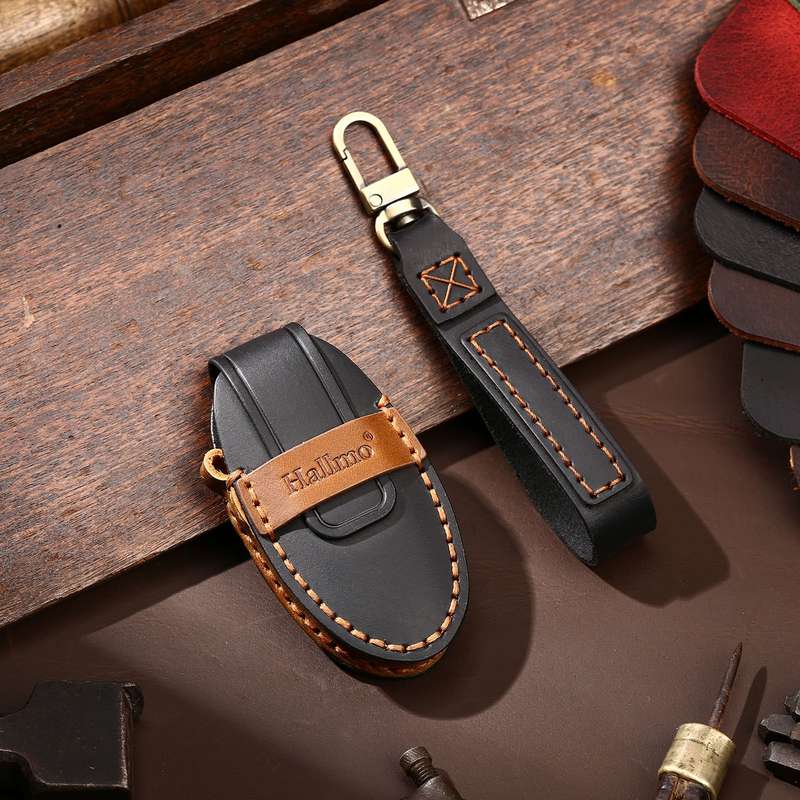 Hallmo Car Cowhide Leather Key Protective Cover Key Case for Nissan Sylphy 3-button Horn(Black)
