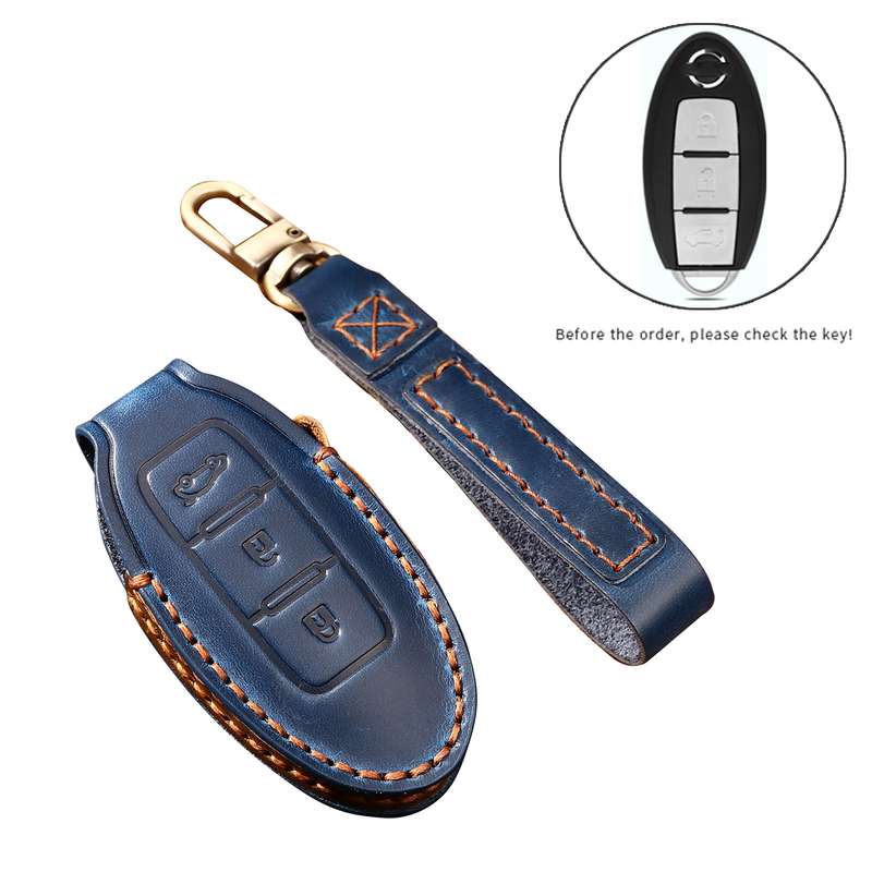 Hallmo Car Cowhide Leather Key Protective Cover Key Case for Nissan Sylphy 3-button Tail Box(Black)