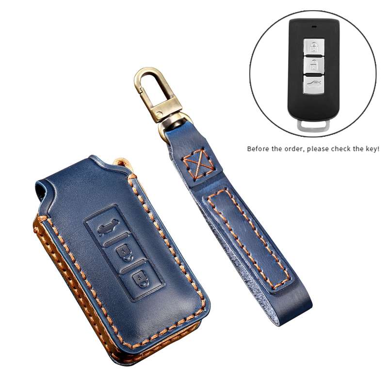 Hallmo Car Cowhide Leather Key Protective Cover Key Case for Mitsubishi Outlander(Black)