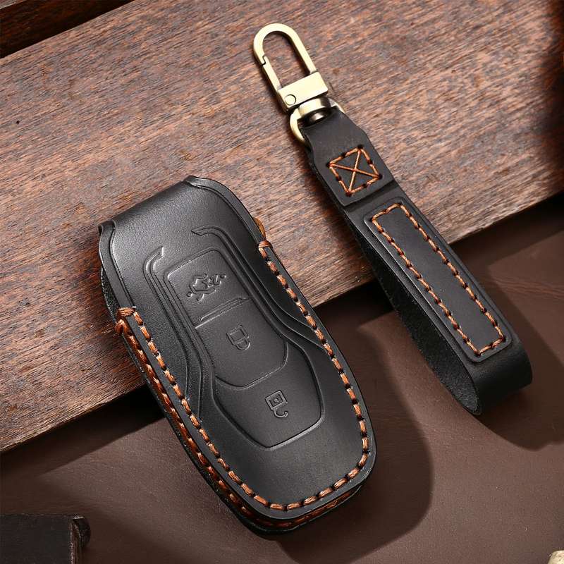 Hallmo Car Cowhide Leather Key Protective Cover Key Case for Ford Focus A Style(Black)